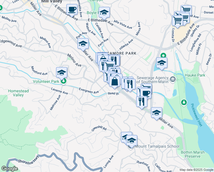 map of restaurants, bars, coffee shops, grocery stores, and more near 21 Evergreen Avenue in Mill Valley