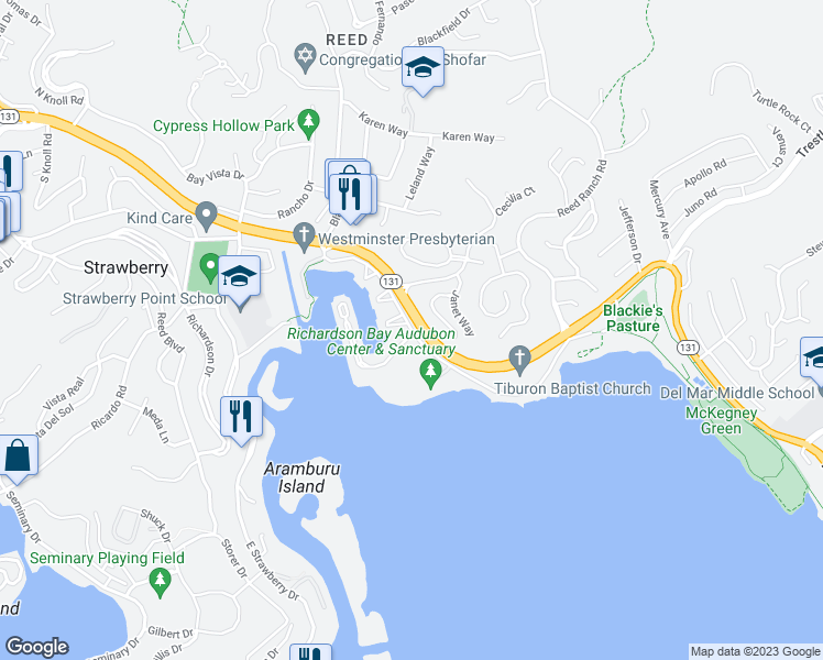 map of restaurants, bars, coffee shops, grocery stores, and more near 38 Greenwood Cove Drive in Belvedere Tiburon