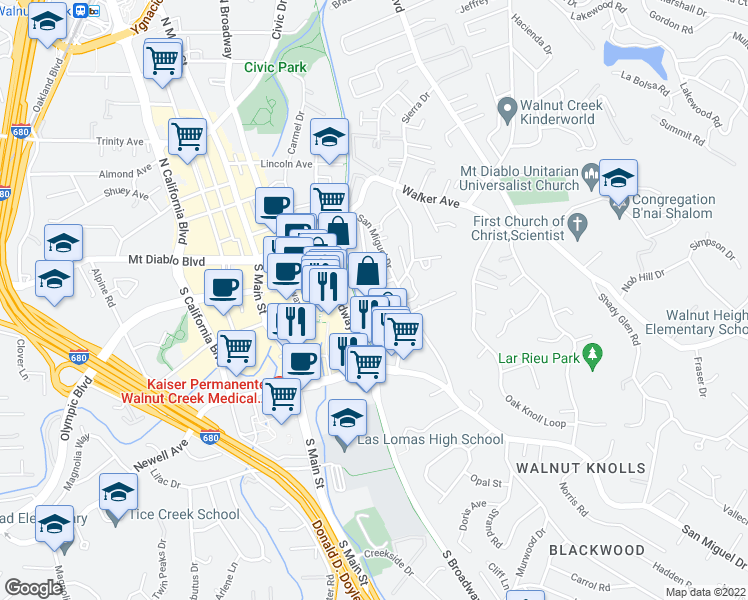 map of restaurants, bars, coffee shops, grocery stores, and more near 16 Holcomb Court in Walnut Creek