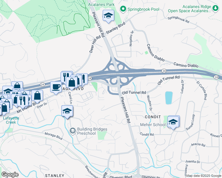 map of restaurants, bars, coffee shops, grocery stores, and more near 12 Shreve Lane in Lafayette