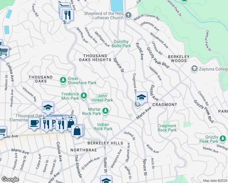 map of restaurants, bars, coffee shops, grocery stores, and more near 774 Santa Barbara Road in Berkeley