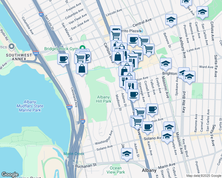 map of restaurants, bars, coffee shops, grocery stores, and more near 585 Jackson Street in Albany