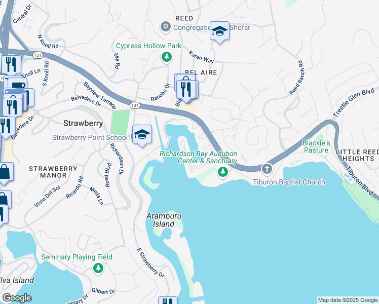 map of restaurants, bars, coffee shops, grocery stores, and more near 63 Barbaree Way in Strawberry