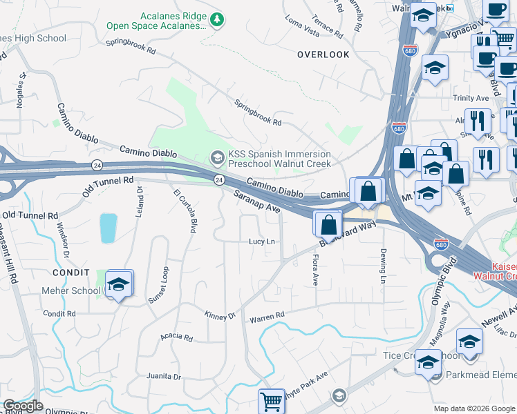 map of restaurants, bars, coffee shops, grocery stores, and more near 173 Saranap Avenue in Walnut Creek