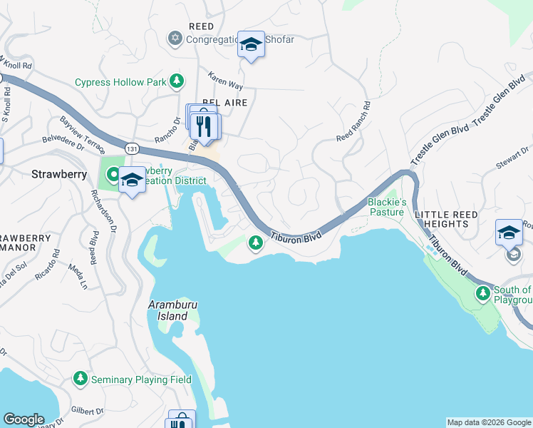 map of restaurants, bars, coffee shops, grocery stores, and more near 34 Andrew Drive in Tiburon