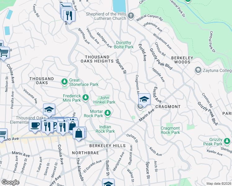 map of restaurants, bars, coffee shops, grocery stores, and more near 774 Santa Barbara Road in Berkeley
