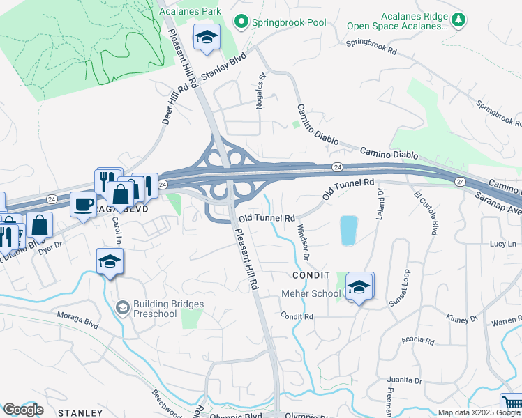 map of restaurants, bars, coffee shops, grocery stores, and more near 3190 Old Tunnel Road in Lafayette