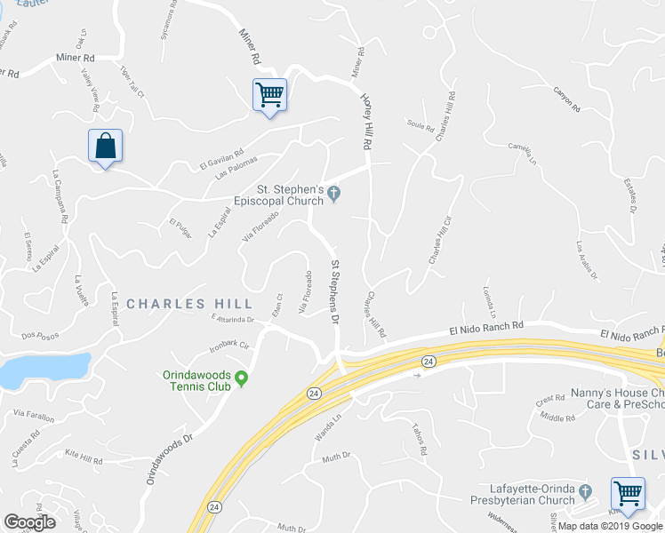 map of restaurants, bars, coffee shops, grocery stores, and more near 35 Saint Stephens Drive in Orinda