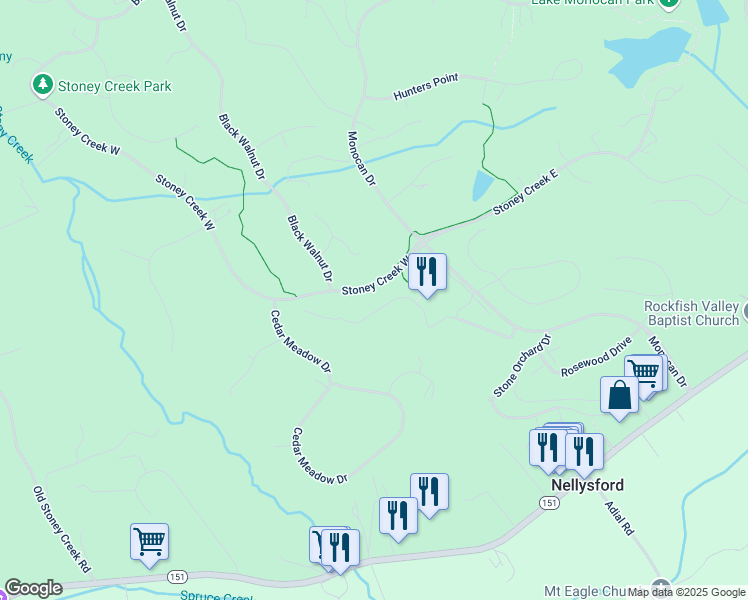 map of restaurants, bars, coffee shops, grocery stores, and more near 1276-1278 Stoney Creek W in Nellysford