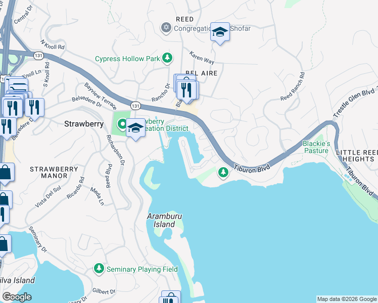 map of restaurants, bars, coffee shops, grocery stores, and more near 63 Barbaree Way in Strawberry