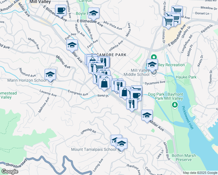 map of restaurants, bars, coffee shops, grocery stores, and more near 447 Miller Avenue in Mill Valley