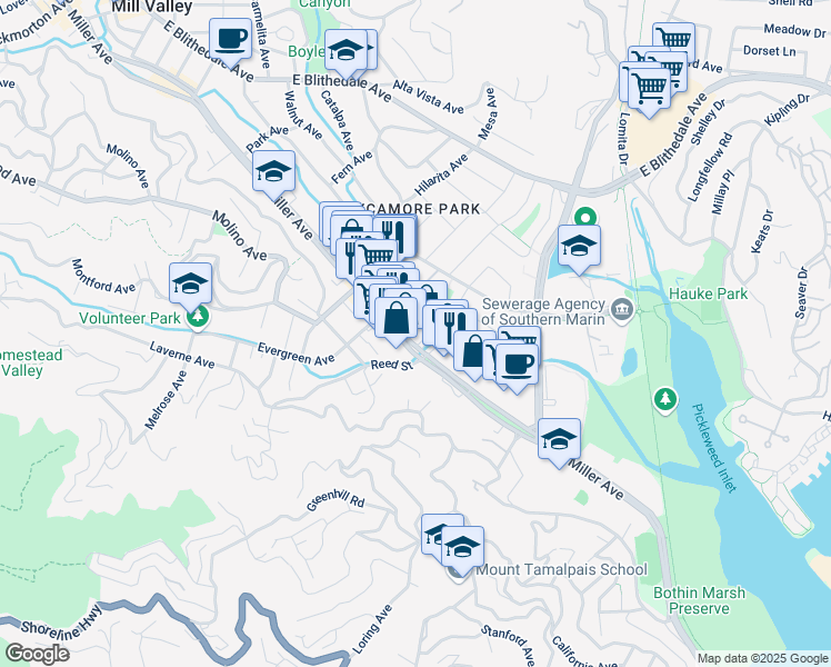 map of restaurants, bars, coffee shops, grocery stores, and more near 447 Miller Avenue in Mill Valley