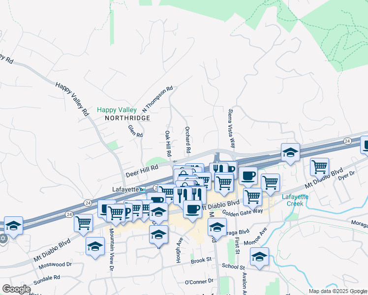 map of restaurants, bars, coffee shops, grocery stores, and more near 1065 Orchard Road in Lafayette