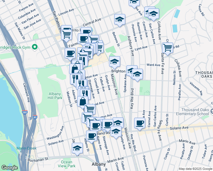 map of restaurants, bars, coffee shops, grocery stores, and more near 1227 Garfield Avenue in Albany