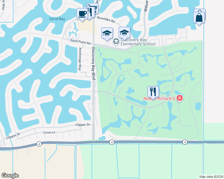 map of restaurants, bars, coffee shops, grocery stores, and more near 1340 Hampton Court in Discovery Bay