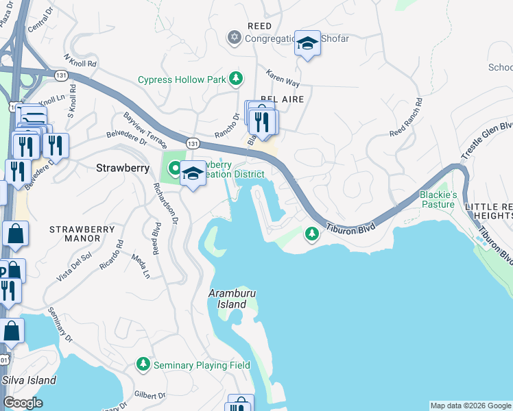 map of restaurants, bars, coffee shops, grocery stores, and more near 63 Barbaree Way in Strawberry