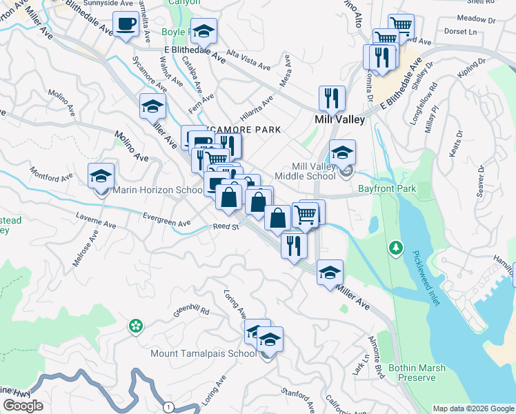 map of restaurants, bars, coffee shops, grocery stores, and more near 1 Plymouth Avenue in Mill Valley