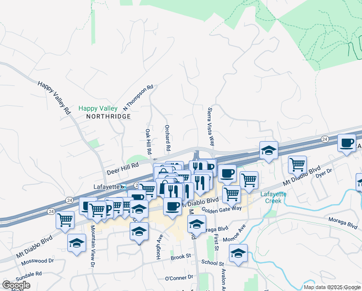 map of restaurants, bars, coffee shops, grocery stores, and more near 1118 Hillcrest Drive in Lafayette