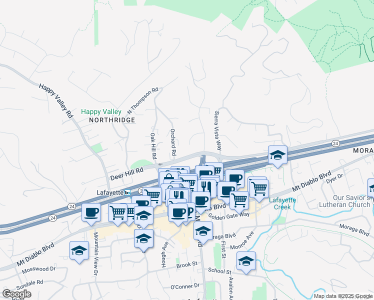 map of restaurants, bars, coffee shops, grocery stores, and more near 1118 Hillcrest Drive in Lafayette