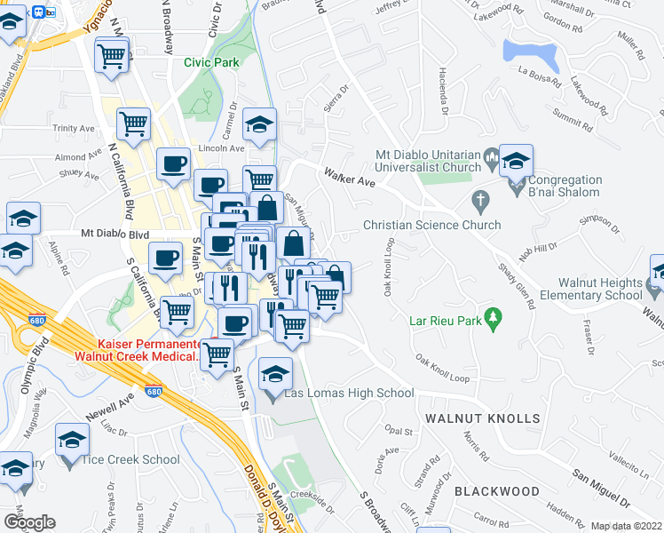 map of restaurants, bars, coffee shops, grocery stores, and more near 1812 San Miguel Drive in Walnut Creek