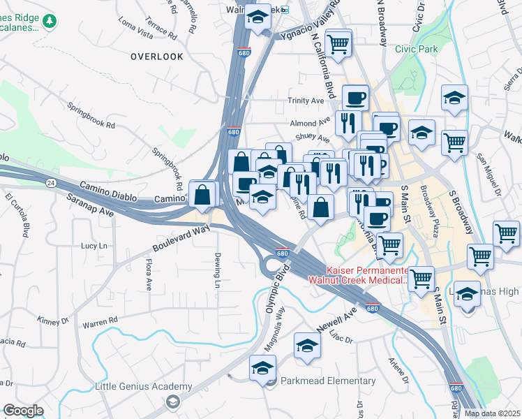 map of restaurants, bars, coffee shops, grocery stores, and more near 1133 Bont Lane in Walnut Creek