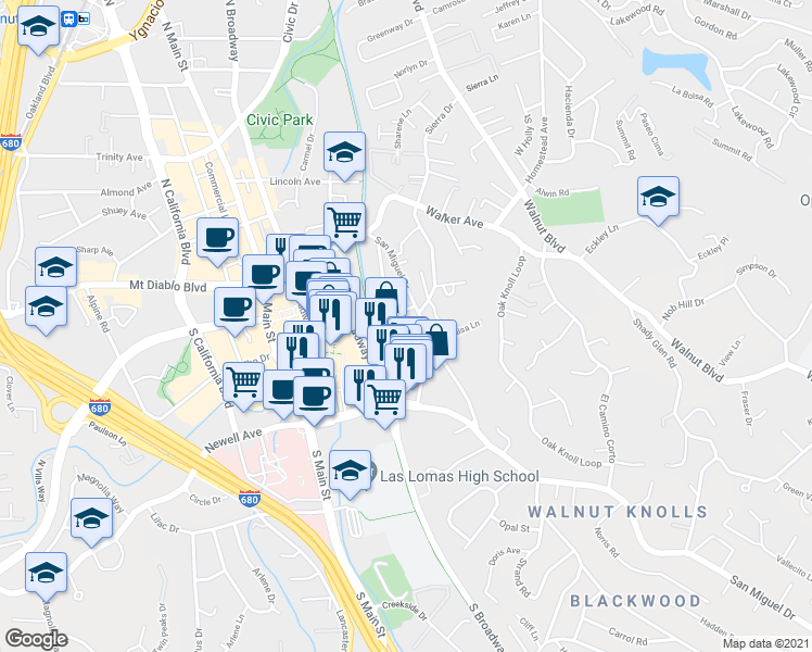 map of restaurants, bars, coffee shops, grocery stores, and more near 8 Holcomb Court in Walnut Creek