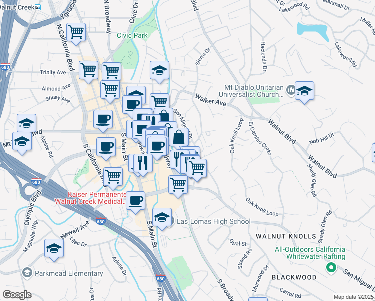 map of restaurants, bars, coffee shops, grocery stores, and more near 16 Holcomb Court in Walnut Creek