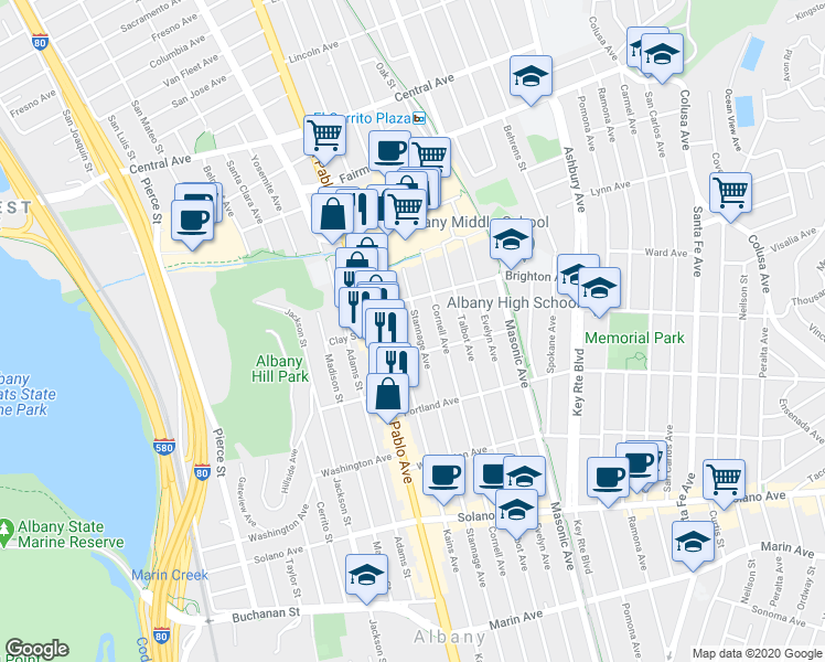 map of restaurants, bars, coffee shops, grocery stores, and more near 525 Kains Avenue in Albany