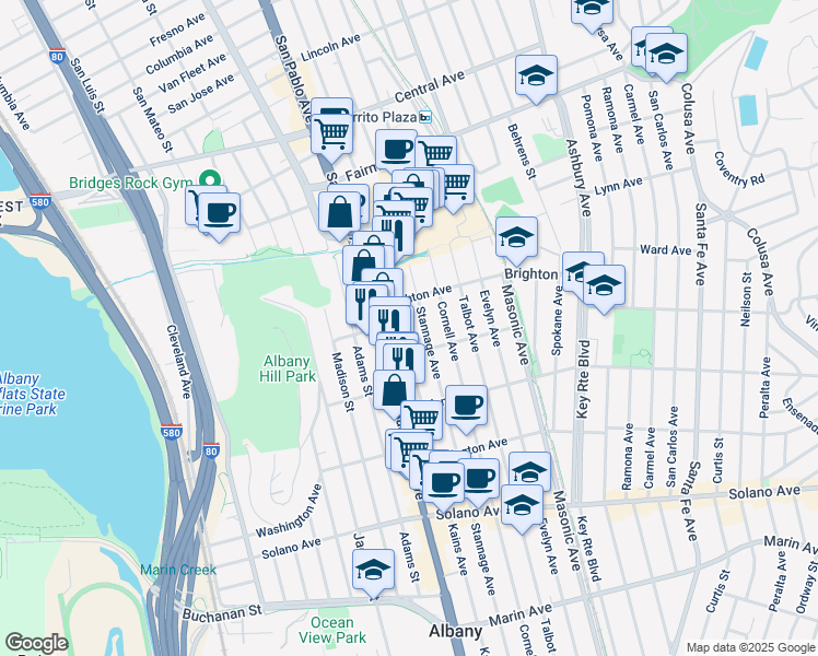map of restaurants, bars, coffee shops, grocery stores, and more near 525 Kains Avenue in Albany