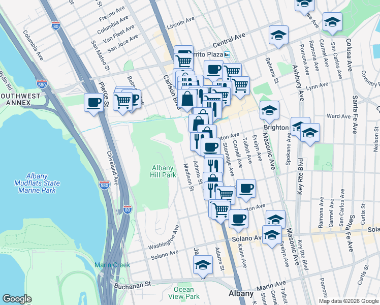 map of restaurants, bars, coffee shops, grocery stores, and more near 537 Madison Street in Albany