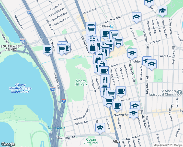 map of restaurants, bars, coffee shops, grocery stores, and more near 537 Madison Street in Albany
