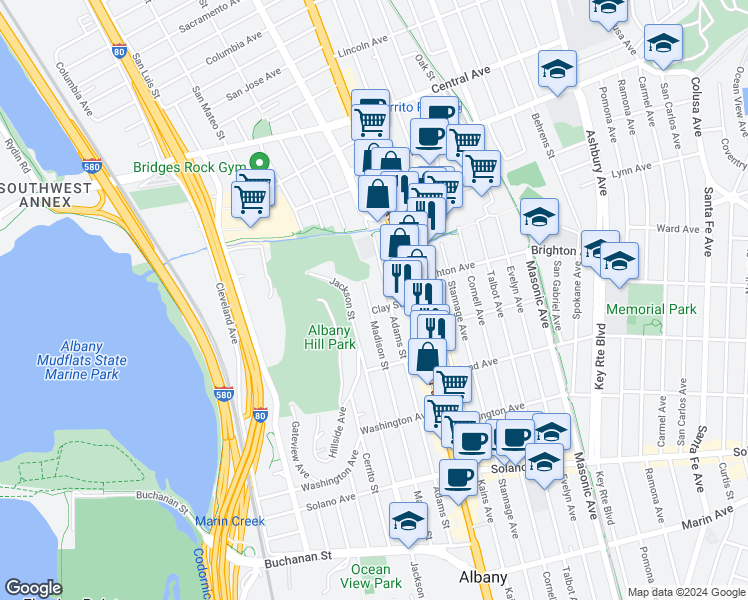 map of restaurants, bars, coffee shops, grocery stores, and more near 537 Madison Street in Albany