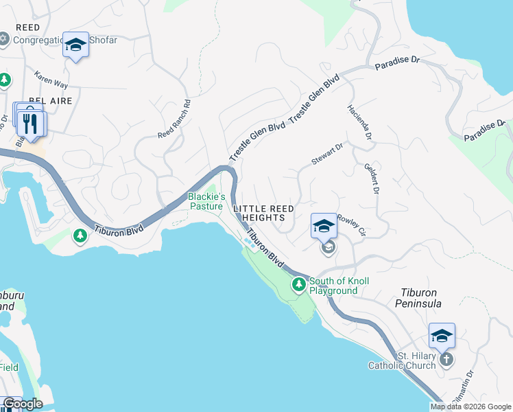 map of restaurants, bars, coffee shops, grocery stores, and more near 542 Comstock Drive in Tiburon