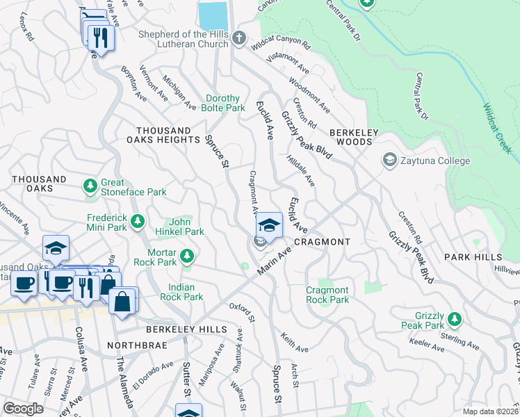 map of restaurants, bars, coffee shops, grocery stores, and more near 777 Cragmont Avenue in Berkeley