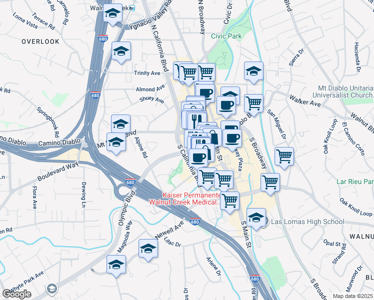 map of restaurants, bars, coffee shops, grocery stores, and more near 1666 Olympic Boulevard in Walnut Creek
