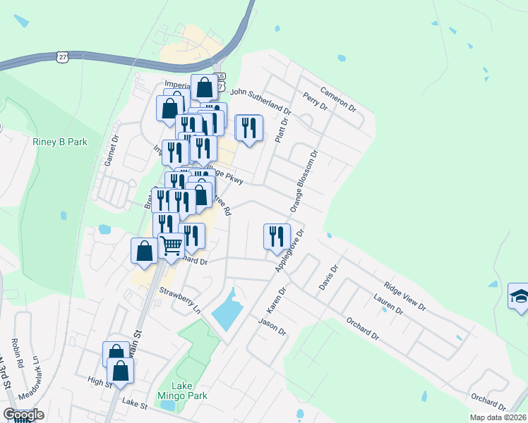map of restaurants, bars, coffee shops, grocery stores, and more near 116 1/2 Applegrove Drive in Nicholasville