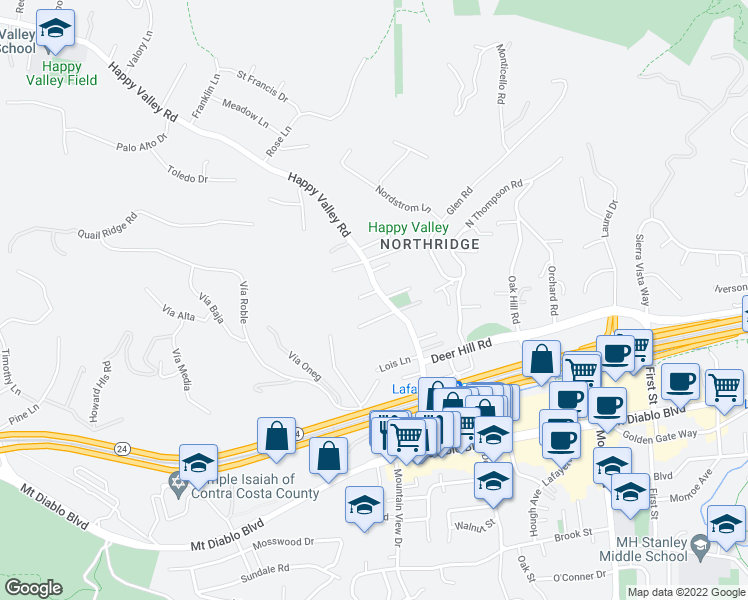 map of restaurants, bars, coffee shops, grocery stores, and more near 3653 Happy Valley Road in Lafayette