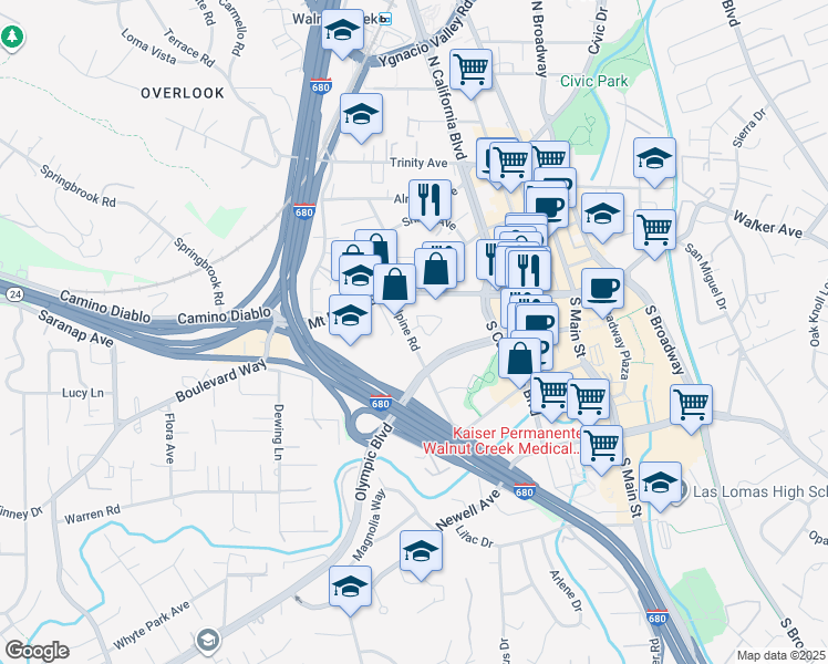 map of restaurants, bars, coffee shops, grocery stores, and more near 1870 Olympic Boulevard in Walnut Creek