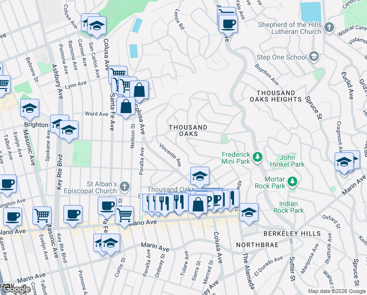 map of restaurants, bars, coffee shops, grocery stores, and more near 653 Santa Rosa Avenue in Berkeley