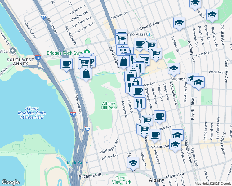 map of restaurants, bars, coffee shops, grocery stores, and more near 585 Jackson Street in Albany