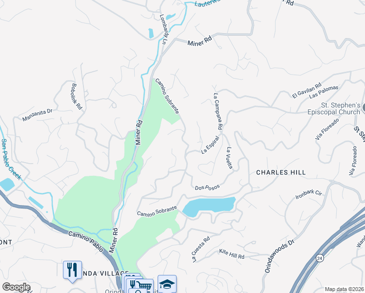 map of restaurants, bars, coffee shops, grocery stores, and more near 18 Vida Descansada in Orinda