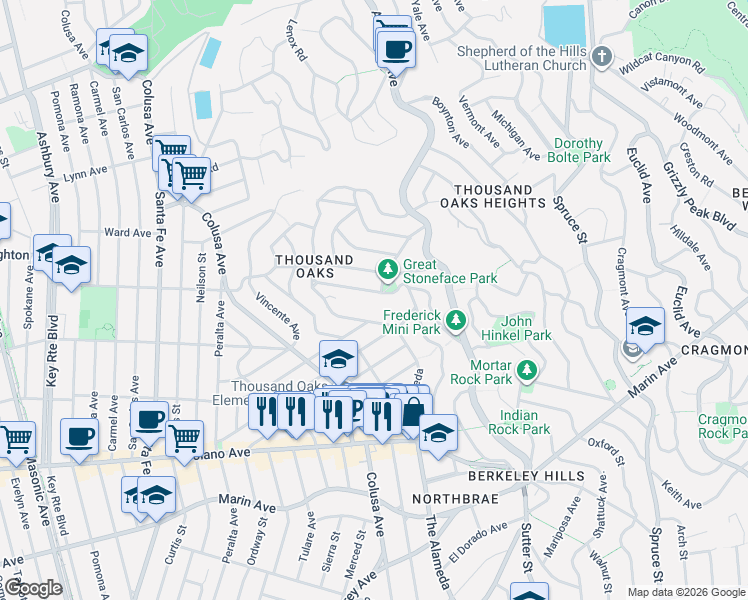 map of restaurants, bars, coffee shops, grocery stores, and more near 1900 Yosemite Road in Berkeley