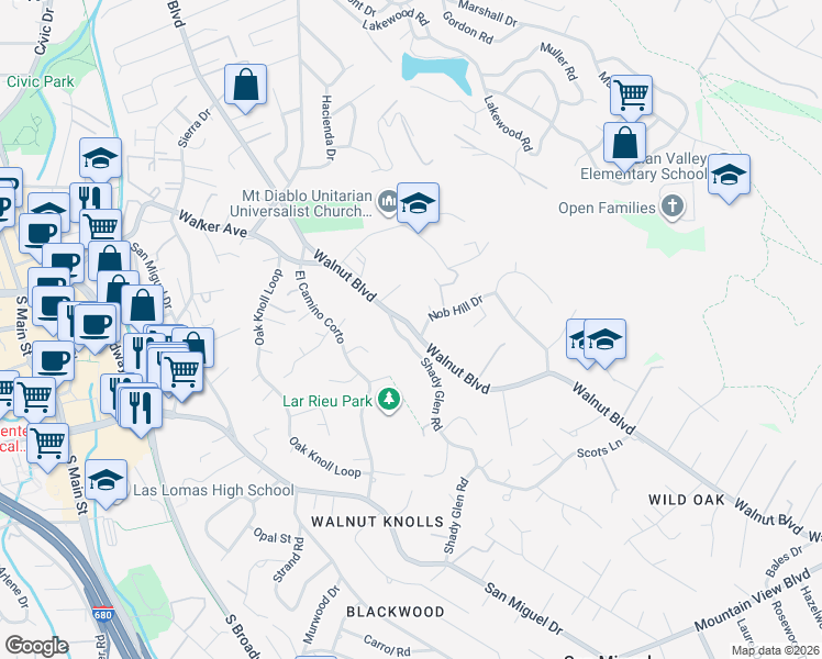 map of restaurants, bars, coffee shops, grocery stores, and more near 3121 Walnut Boulevard in Walnut Creek