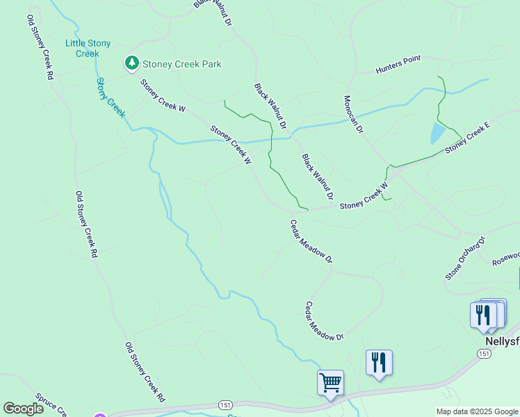 map of restaurants, bars, coffee shops, grocery stores, and more near 950 Stoney Creek West in Nellysford