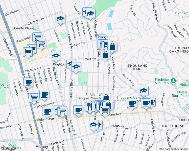map of restaurants, bars, coffee shops, grocery stores, and more near 609 San Carlos Avenue in Albany