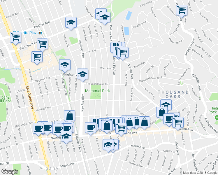 map of restaurants, bars, coffee shops, grocery stores, and more near 609 San Carlos Avenue in Albany