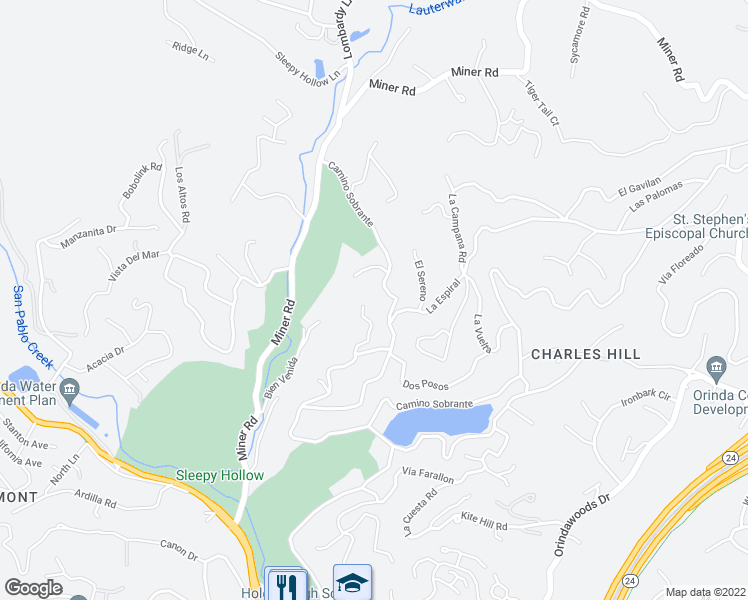 map of restaurants, bars, coffee shops, grocery stores, and more near 18 Vida Descansada in Orinda