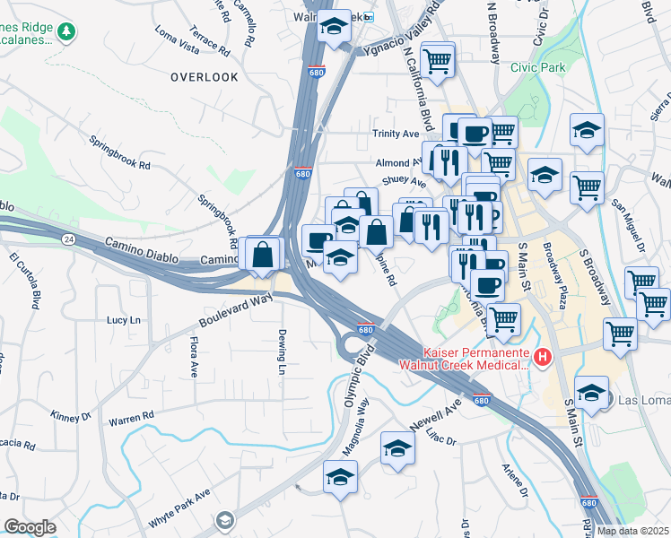 map of restaurants, bars, coffee shops, grocery stores, and more near 1133 Bont Lane in Walnut Creek