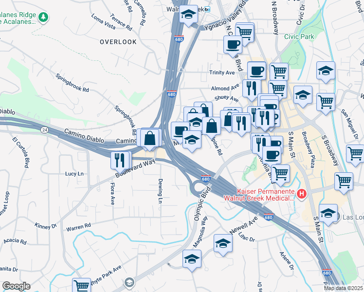 map of restaurants, bars, coffee shops, grocery stores, and more near 2099 Mount Diablo Boulevard in Walnut Creek