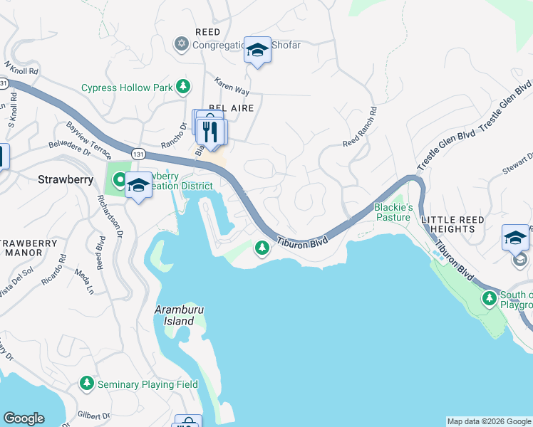 map of restaurants, bars, coffee shops, grocery stores, and more near 30 Andrew Drive in Tiburon